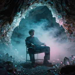 xnye west as a man on chair, cave with crystals, glitter, volumetric light, foggy, smokey, moody, kodak photography, cyan and pink light