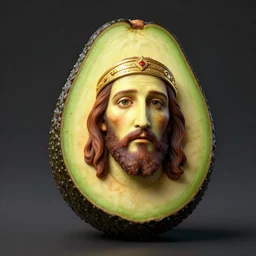 a realistic avocado with jesus face on it, bizantine, hyperrealistic, extremely detailed, vivid, apocalyptic, volumetric illumination, 8 k, matte painting