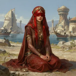 a full body portrait of a beautiful post apocalyptic offworld harbor district bedouin blind pulp fiction scarlet wild rogue barbarian leper begging by the roadside, intricate, elegant, highly detailed, digital painting, artstation, concept art, smooth, sharp focus, illustration, art by krenz cushart and artem demura and alphonse mucha