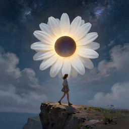 giant white daisy flower over the head, girl walking on cliff, surreal photography, solar eclipse, milky way, dramatic light, impressionist painting, clouds, digital painting, artstation, james gilleard, liam wong, jeremy mann, simon stalenhag