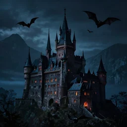 Dracula's castle, dark mountains, night, bats in sky, by Andreas Rocha