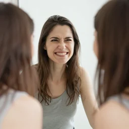 ugly woman looking in the mirror happily
