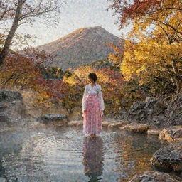 princess at a japanese mountain onsen at golden hour, autumn colour oak trees, Concept art by Jorge jacinto, masterpiece, highly detailed and ultra realistic, trending on artstation