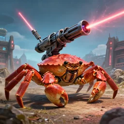 shoulder shot of a huge gigantic crab with a firing [ shooting ] [ star - wars ] [ blaster - turret ] attached to its back crawling towards a village, [ star wars ] [ laser ] [ turret ] [ attached ] to top of crab, xf iq 4 f 5. 6 iso 2 0 0, mcquarrie