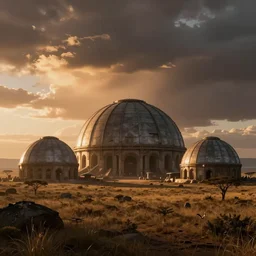 star wars concept art by greg rutkowski, brutalist looking domes in the middle of a savannah landscape, cinematic sunset lighting, dramatic atmosphere.