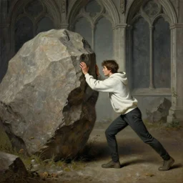 a painting in gothic style of a guy with white hoodie pushing a big rock