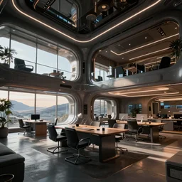 a futuristic high tech apartment office interior, by Craig Mullins, octane rendering, moody lighting, wide angle lens, in the style of blade runner