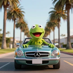 kermit driving a mercedes, wlop, palm trees, cinematic lighting, hyperdetailed, 8 k realistic, symmetrical, global illumination, radiant light,, frostbite 3 engine, cryengine, dof, trending on artstation, digital art, chanel