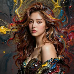 a portrait of a very beautiful kpop goddess, seductive look, with hair radiating swirling paint and impasto by botticelli and caravaggio, background is volumetric displacement, 3 d render, hyperreal, subsurface scattering, arnold render, 8 k, houdini, xparticles