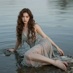 Full body photo of a pretty water nymph with long, slightly curled brown hair, wearing a long dress, chilling at the waterside, looking at the camera, highly detailed, sharp focus, cinematic lighting, HD, 8K, award winning photography