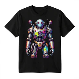 mockup of a black tshirt with a hyperdetailed portrait of a steampunk robot by hajime sorayama, 8 k, symetrical, flourescent colors, happy trippy mood, multicolored,