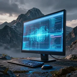 A giant computer next to a mountain, dramatic lighting, digital art, 4K