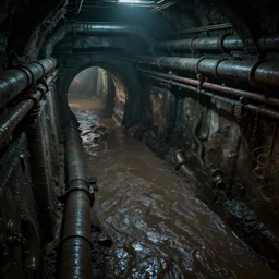 super sewer, tunnels, sludge river, effluent, pipes, necromunda, eery lighting, matte painting