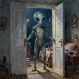 classic oil painting, a tall gray alien with big black eyes opening the door, as a dnd character, inside a cluttered bedroom at night, abduction, probe, highly detailed, digital illustration, concept art, smooth, sharp focus, art by tim hildebrandt, and alex grey