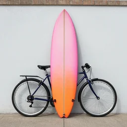 surfboard nd bicycle, by Jessie unterholder, pink and orange palette, street art