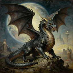 A majestic gothic dragon, by Matthias Grunewald, by Emil Nolde, by Greg Rutkowski, masterpiece, oil on canvas, trending on artstation, top on pixiv, cinematic composition, dramatic scene, beautiful lighting, aesthetic!, planetary landscape, concept art, sharp, high details, hyper-detailed, astrophotography, no frames, 8K