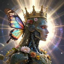 portrait of an ai robot king wearing a crown profile view portrait 4 k digital art, anime, two dimensional, looking to the side, butterfly wings, flowers, animalistic, natural, eerie, trending on artstation, artstation, high detail, god rays, sunray, diffusion, disollution, portal to outer space