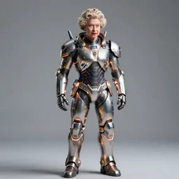 old! queen elizabeth! in futuristic battle armor, face! visible, full body portrait, glowing lights, detailed, realistic, intricate, trending on artstation