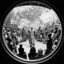 a analogue photo of an African tribal dj performing on a spaceship, planet earth can be seen from porthole, black & white, wide angle, grungy