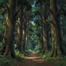 a path in an ancient forest, big and tall trees, evening light, soft light, nicola samori, studio ghibli, mysterious