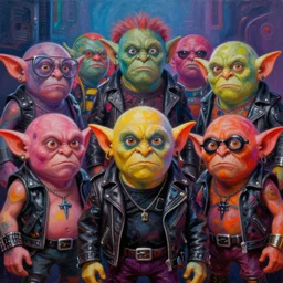 apocalyptic scifi squalor goblins posing together in a professional band photo, psychedelic vibrant colors, futuristic punk rock fashion, oil painting by michael whelan art, perfect faces, sharp focus, detailed eyes, realistic, leather jacket, 8 k