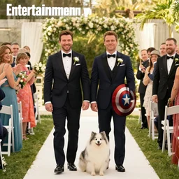 [ steve rogers and bucky barnes get married ] screenshot from the mcu, official promotional image entertainment weekly, [ gay marriage ], [ tuxedos ] bisexual rights, [ very happy ] wide shot of the wedding, beautiful, as played by chris evans and sebastian stan