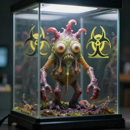 a slimy and disgusting flubgurb, in a biohazard glass case, biohazard logo on the glass, unreal render, ultra realistic , dof, bokeh