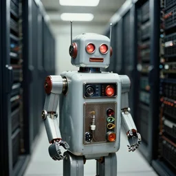 a vintage 1 9 7 0 s photo if robot in datacentre, cinestill, bokeh