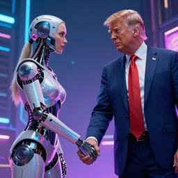 Joe Biden holding hands with donald trump in the metaverse, cyberpunk, cybernetic, striking, colorful, impactful, artstation