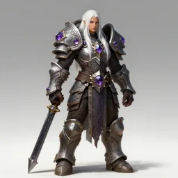 world of warcraft concept art, barbarian warrior woman, long white hair, heavy armor with amethysts details