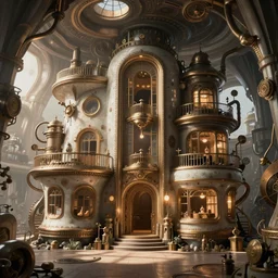 interior of a solarpunk steampunk house, photo