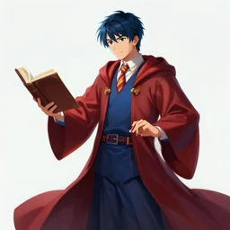 Picture of handsome young wizard, Red and blue robes, short dark blue hair, book in hand, no hat, casting pose, artstationHQ, artstationHD, trending in artstation, gelbooru, high fantasy, matte painting, colorful