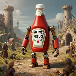 Robot made by the Heinz ketchup company, ruling over a small feudalist medieval society, Ketchup giant bottle robot, rendered by Beeple and Zdzisław Beksiński, environment concept, digital art, unreal engine, 3 point perspective, trending on artstation, low level, 4K UHD image, octane render,