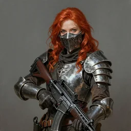 a portrait of an red haired woman wearing metal scrap armor with a mask and holding an assault rifle, Matte painting , detailed painting, made by Greg Rutkowski, 4k, atmospheric