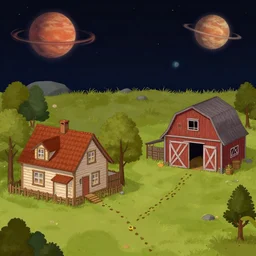 next to a farm house and a barn, with footprints leading from the house to the barn, on a remote planet, from a space themed point and click 2 d graphic adventure game, detailed, set design inspired slightly by hg giger, art inspired by thomas kinkade