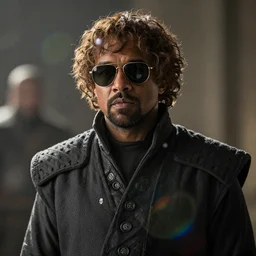 kanye west with sunglasses in game of thrones as tyrion lannister movie still, cinematic lighting, ray tracing, octane render, long lens, shallow depth of field, bokeh, anamorphic lens flare, 8 k, hyper detailed, 3 5 mm film grain