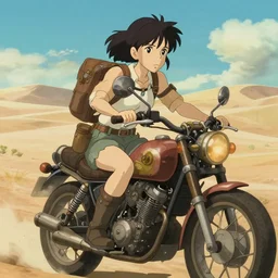cinematic mid shot of an adventurer girl riding a steampunk motorcycle on in a desert, delicate features finely detailed perfect art, gapmoe yandere grimdark, trending on pixiv fanbox, painted by greg rutkowski makoto shinkai takashi takeuchi studio ghibli
