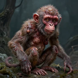 measles on a deformed hideous pustule covered monkey, sores, bumps, skin wounds, surface hives, growths, horror, fantasy, highly detailed, by Dan Hillier and Ernst Haeckel