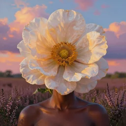 closeup, enormous flower as head, african woman in heather field, surreal photography, golden hour, colorful clouds, impressionist painting, digital painting, artstation, simon stalenhag