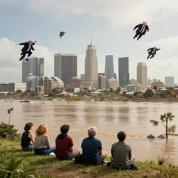people sitting on a hill watching flooded los angeles with multiple boris johnsons flying above the city, hyperdetailed, artstation, cgsociety, 8 k
