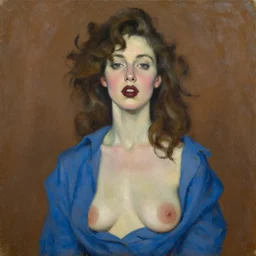 expressive medium shot portrait of a pale sexy young 8 0 s model busty woman with curly brown hair, big maroon lips, wearing a blue shirt, brown background, oil painting, impasto, muted colors, artwork by lucian freud, arnold bocklin, manet