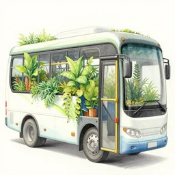 ultra detailed digital pencil and watercolors and illustration of many plants grow inside the bus by wes anderson, tim burton, tomm moore, jean pierre jeunet ; 4 k 8 k hd high resolution ;