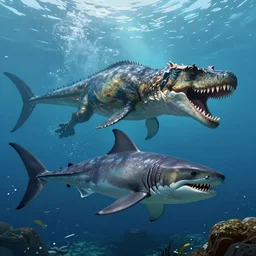 Underwater scene of a Kronosaurus attacking a Megaladon, realistic, trending on artstation, concept art, digital painting, detailed, 4k