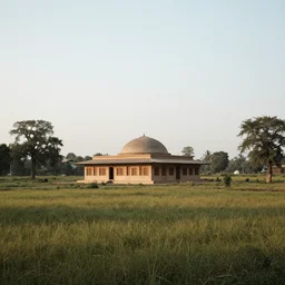 A serene landscape with a singular building in the style of Enk Bilal.