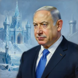 insanely detailed painting of benjamin netanyahu gazing upon a medieval icy kingdom in background, by ted nasmith