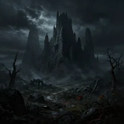 horrific landscape, matte painting, dramatic lighting, dark, artstation
