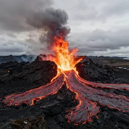 fashion editorial in volcano eruption lava. wide angle shot. highly detailed.