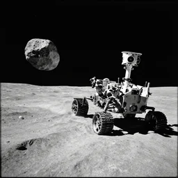 a photo taken from a rover on the surface of a meteoroid careening through the cosmos, black and white, spielberg, 3 5 mm film, cinematic 4 k