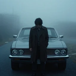 a noir film scene, single character, old car, mist, foggy, mysterious, by yoji shinkawa
