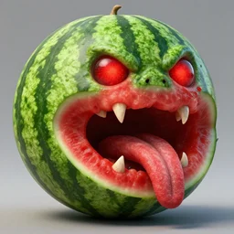 horrific realistic watermelon monster with fangs and a forked tongue, by stephen bliss, unreal engine, rhads very big, vibrant colors, red glowing eyes, concept art, detailed